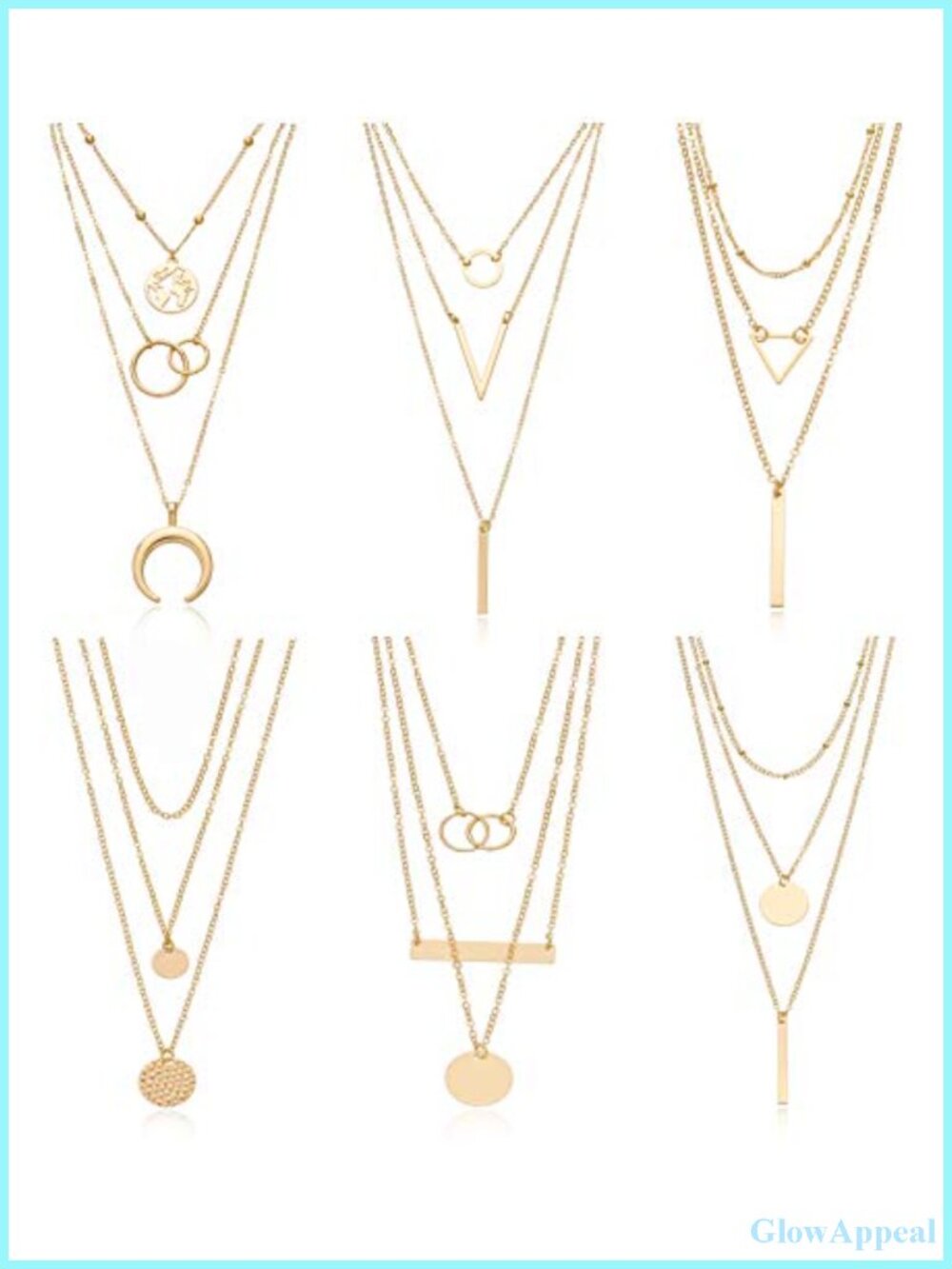 Women Gold Plated Layered Necklace Set 6 Piece Y Pendant Choker Coin Moon